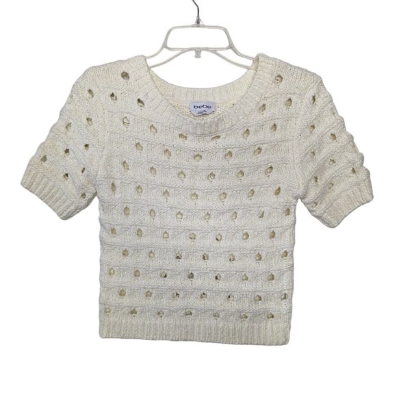 BEBE JIA Pointelle Sweater short sleeve Ivory delicate fabric sweater‎ XS - Picture 1 of 9